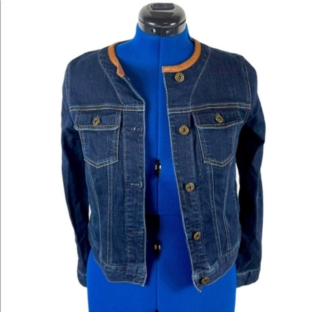 Lauren Ralph Lauren XS dark blue wash brown leather trim‎ jean jacket